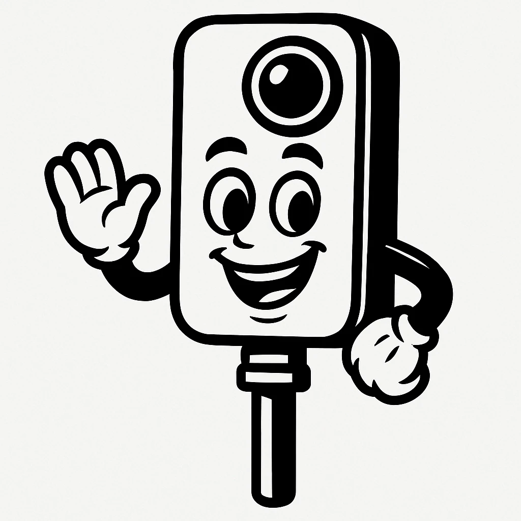 Remove any text or name from the design, keep the smiling simple and bold cartoon Insta360 camera on a stick character as the main subject, preserving its simple and bold cartoon style. emoji