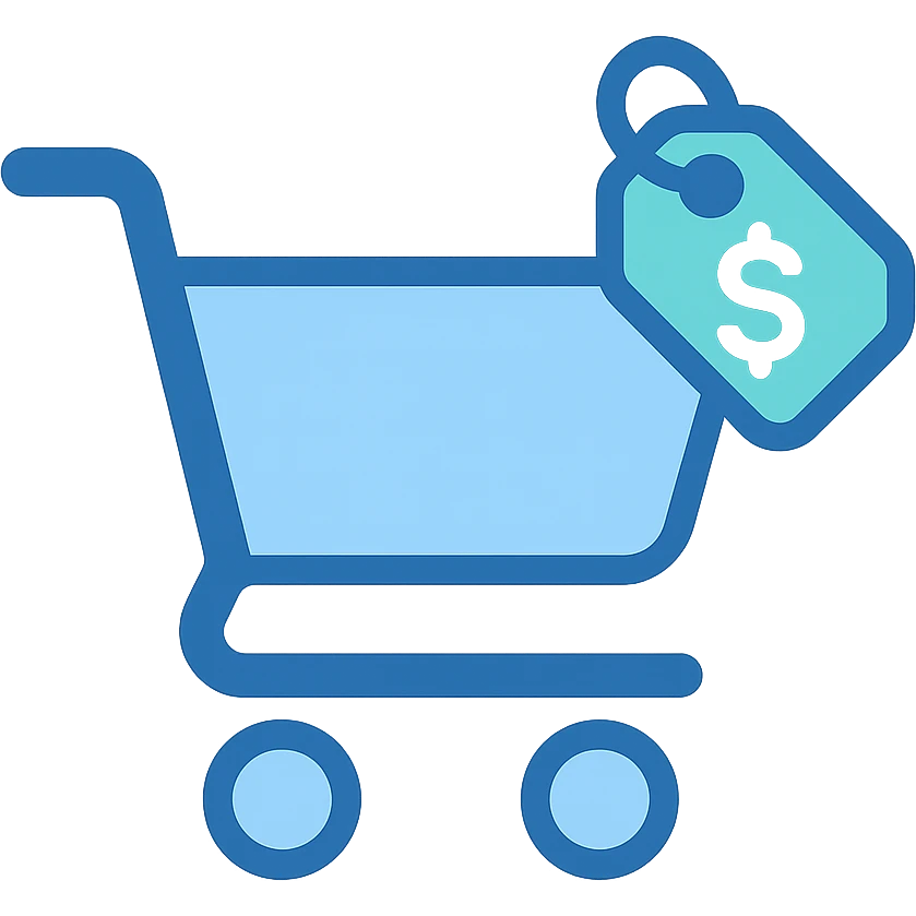 Shopping cart with a price tag, flat emoji style, outline with blue and turquoise colors emoji