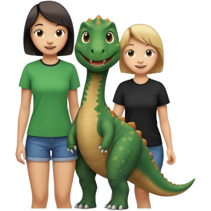friendly cartoon dinosaur wearing a t-shirt standing next to a smiling young woman with short hair and green-black clothes both posing together emoji