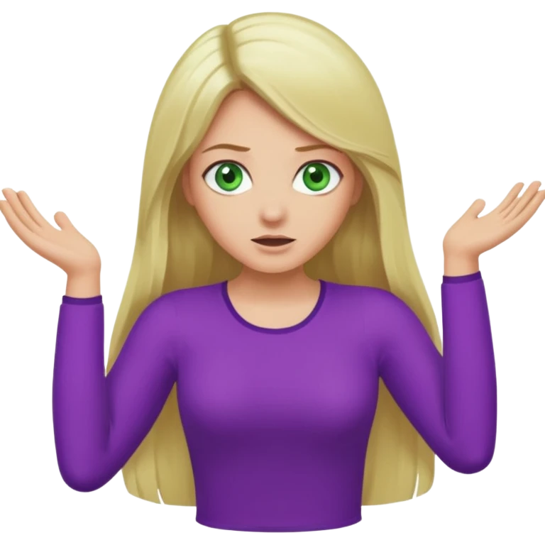 lady with long blonde hair, green eyes and purple top throwing arms in the as if confused emoji