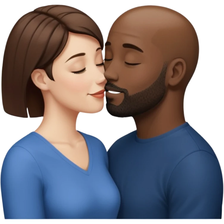 a white woman with short brown hair and a black man with no hair and a beard are facing one each other.  The woman is giving a kiss to the man's forehead emoji