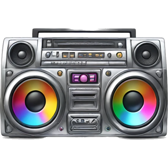 A chunky boombox with metallic silver casing, bold colourful buttons, and glowing speakers. Include graffiti-style patterns on the sides and a slight lens flare effect.   emoji