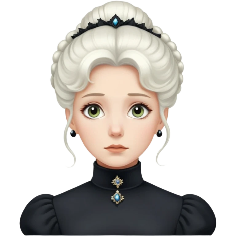 Victorian-era white woman with white coiffed hair, light eyes, wearing a simple dark turtleneck Victorian gown, with a dropped jaw in awe and wonder emoji