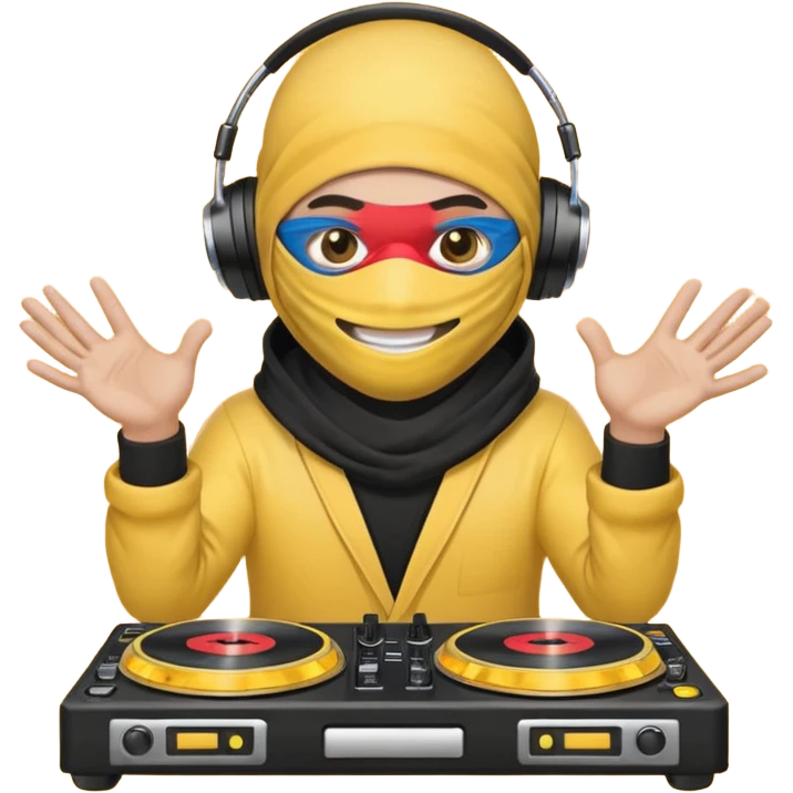 Make a customized yellow head emoji with hands and holding a dj turn table  in a ninja face mask emoji