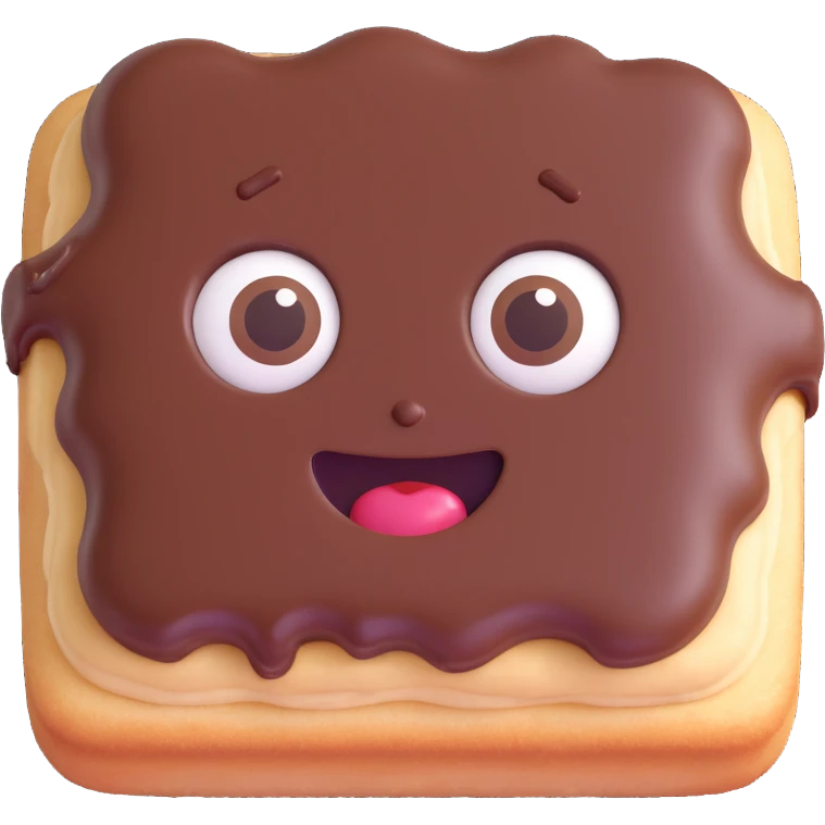 Rectangular chocolate mini pastry, slightly tilted, squished chocolate, crazy wide eyes, open mouth, text above: "ПАСТИЧКА", chibi style, Twitch emoji style, transparent background, colorful emoji