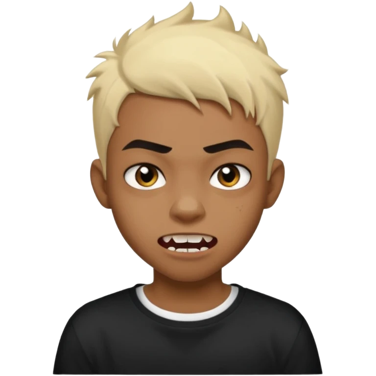 Black Male Teenager with Short punk messy blonde hair, Dark brown bushy eyebrows large expressive golden-brown eyes, wearing a plain white t-shirt, Dark Brown skin color. vampire tooth emoji