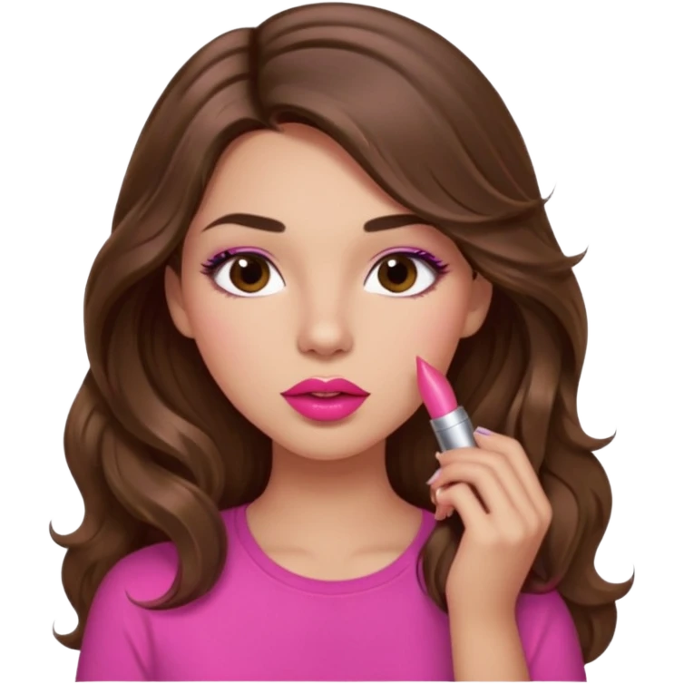 girl with long wavy brown hair, brown eyes, light to medium complexion, in a pink shirt, pink lips, long lashes, puckered lips, putting on lipstick emoji
