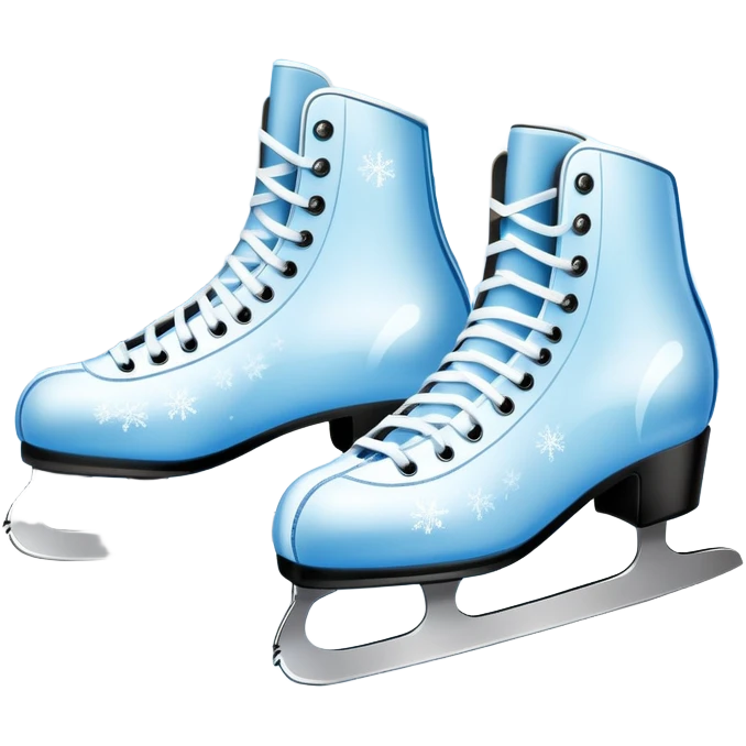 An icon showing In the background, twinkling lights, winter trees, and blue sky. a pair of elegant ice skates gliding across a smooth, frozen rink with snowflakes in the air. Transparent background highlights the grace and charm of ice skating. emoji