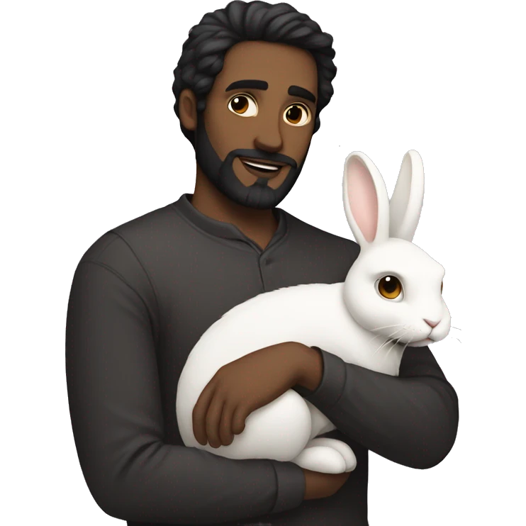 Dark hair guy with a beard holds a white rabbit  emoji