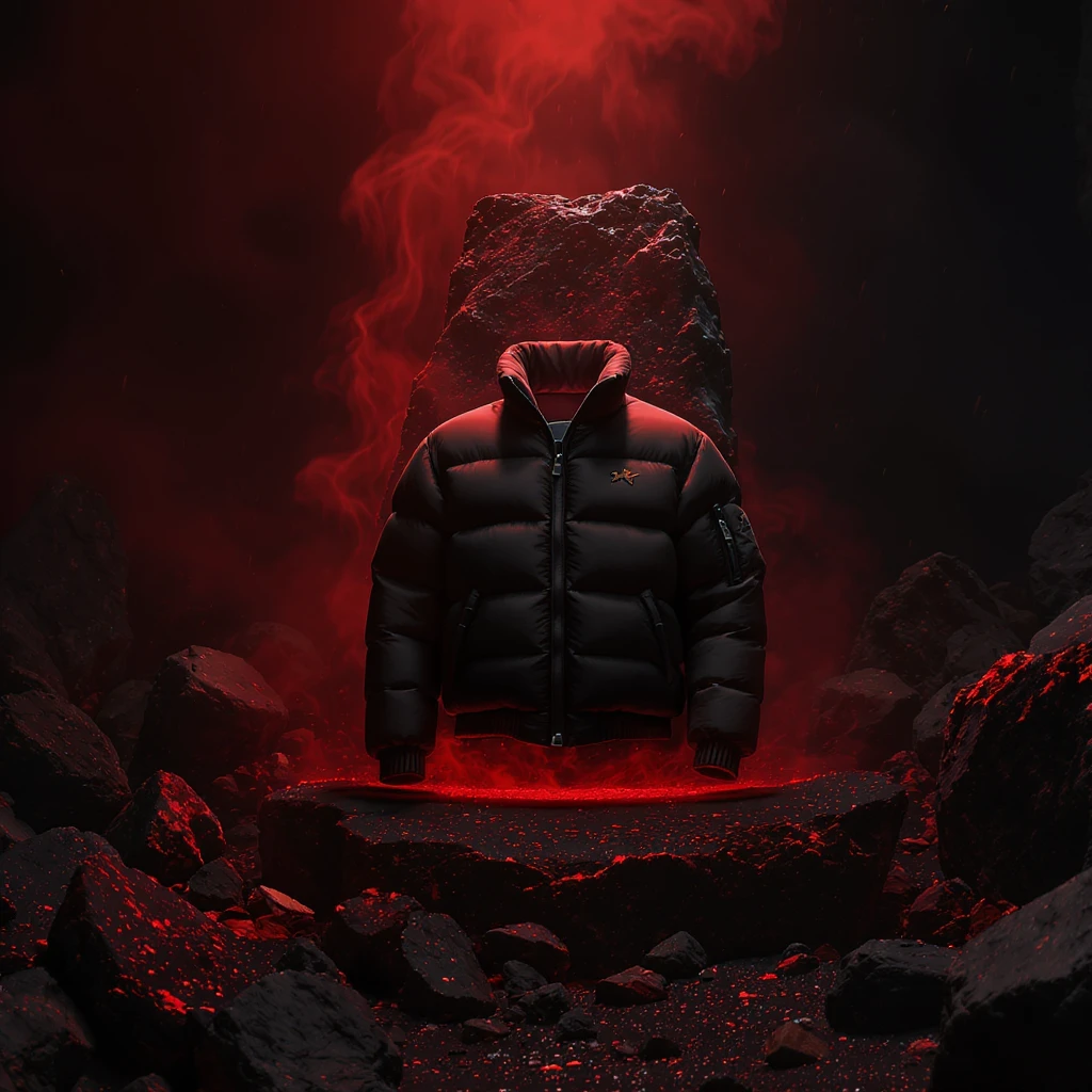 cinematic still of a front black puffer jacket around black stone with red coal temeperature environment, back red light, top light  emoji