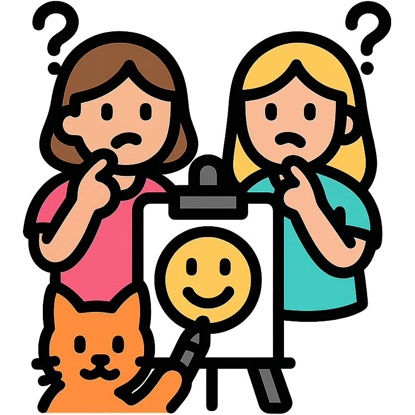 two girls guessing as a kitty draws an emoji, vibrant color icon emoji