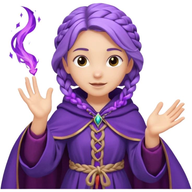 A playful mage girl with braids, purple cloak, and magic swirling around her hands.
 emoji