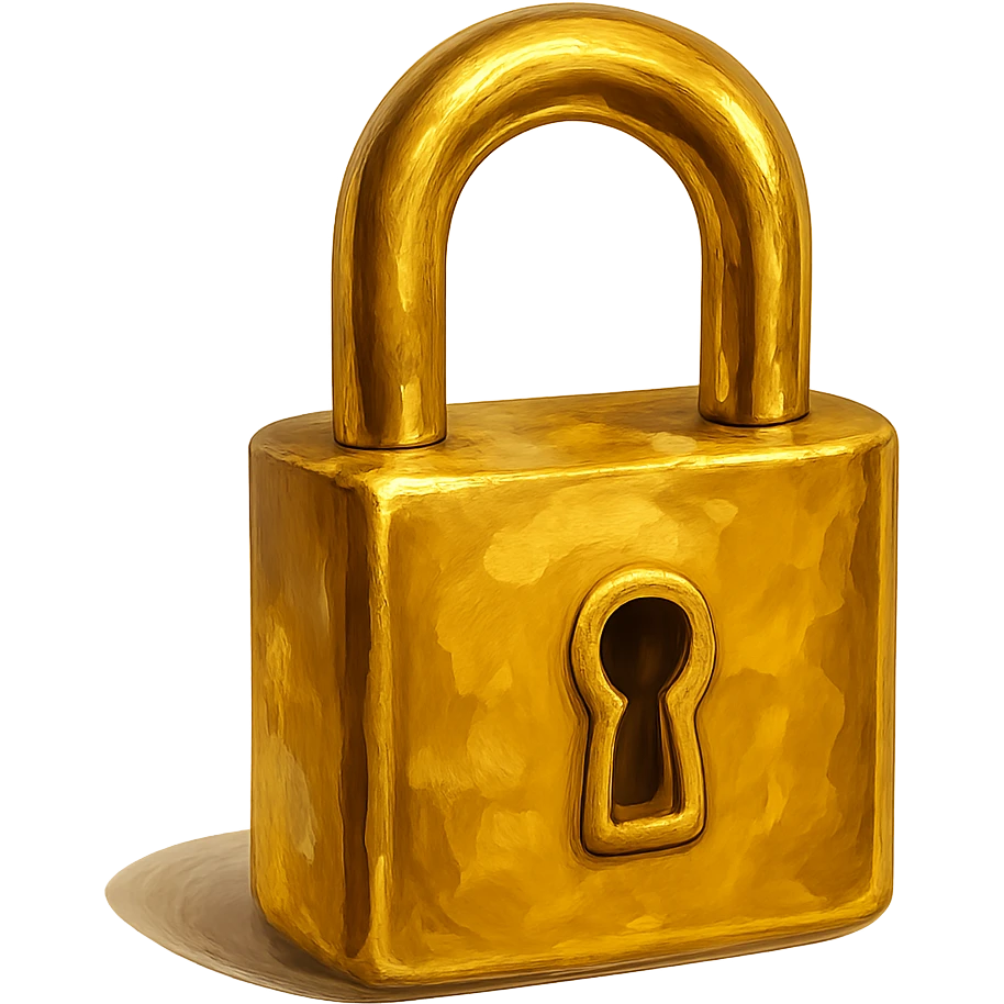 В cлегка рисованной, но при этом объемной и яркой стилистике сгенерируй картинку фотореалистичного полностью золотого замка (замок который для ключей), прозрачный фон emoji