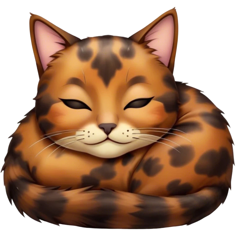 Meme-Worthy Cute Sleeping Tortoiseshell Cat Portrait Emoji, Head resting with a serene, sleepy smile and softly closed, dreamy eyes, showcasing a warm, mottled fur of rich browns and blacks, simplified yet adorably detailed, glowing with a gentle, drowsy radiance, high shine, exuding relaxed, heart-melting charm, styled with a soft glowing outline, capturing the essence of a sleeping tortoiseshell cat that radiates pure, peaceful cuteness! emoji