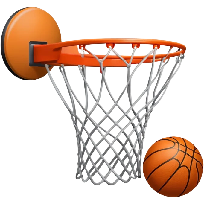 A close-up of a basketball shield and hoop with the ball swishing through the net, captured mid-air. The background emphasizes the tension and excitement of the moment, with the rim and net in sharp focus, showcasing the precision and skill of the sport. emoji