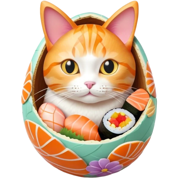 cat sitting in a decorated Easter egg made of sushi, colorful Easter patterns on the sushi egg emoji