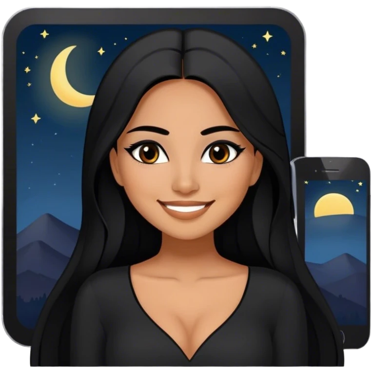 beautiful woman, with long straight black hair, with make up, black eye liner, smile, mexican, brown skin, wearing beautiful sexy black outfit, she’s wishing good night emoji