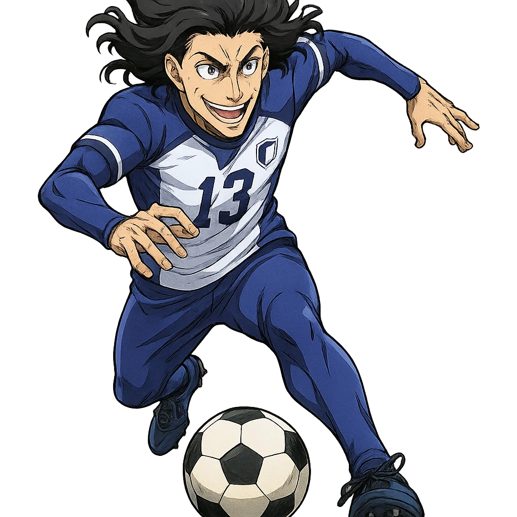 Don Lorenzo from Blue Lock, dribbling a soccer ball, energetic anime style, blue and white uniform, athletic build, no background emoji