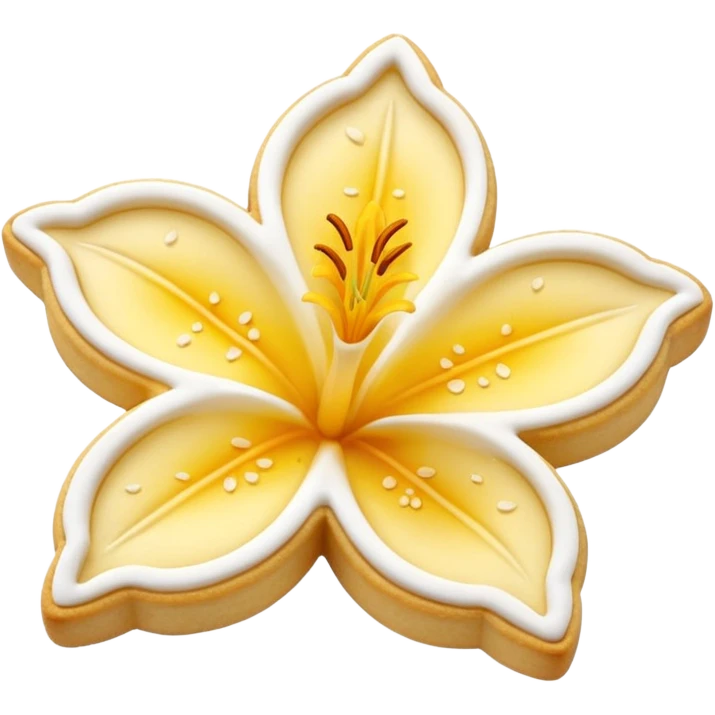 Realistic shortbread cookie in the shape of a lily flower with pastel yellow color jelly middle filling and sprinkled powder sugar on top. emoji