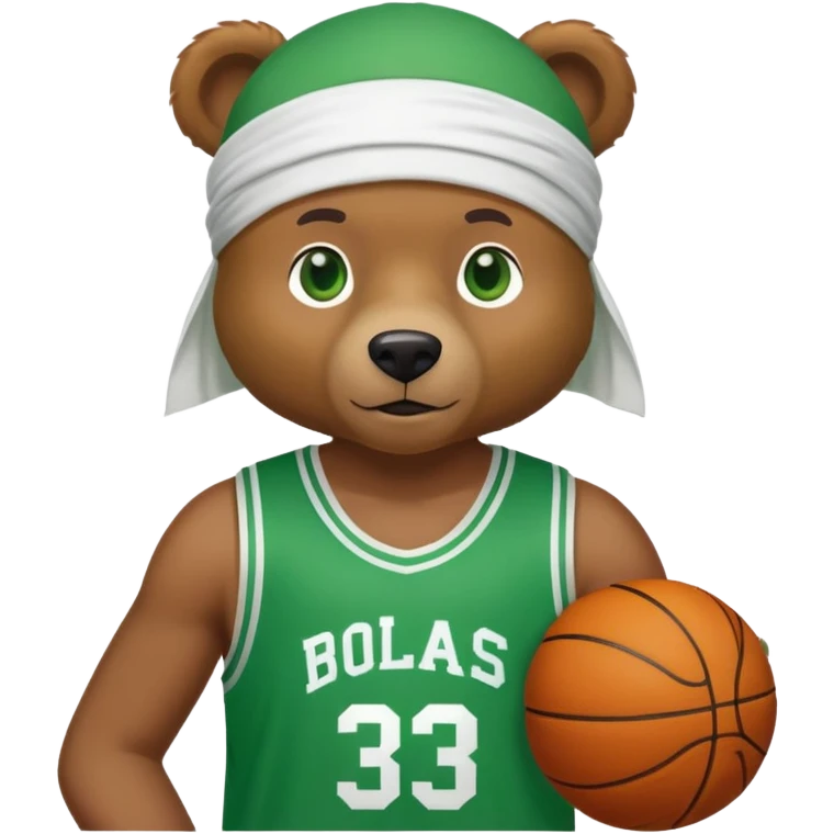 Cool brown bear with green eyes shown to shoulders, white durag, green and white basketball jersey visible on upper chest and shoulders, iOS emoji style emoji
