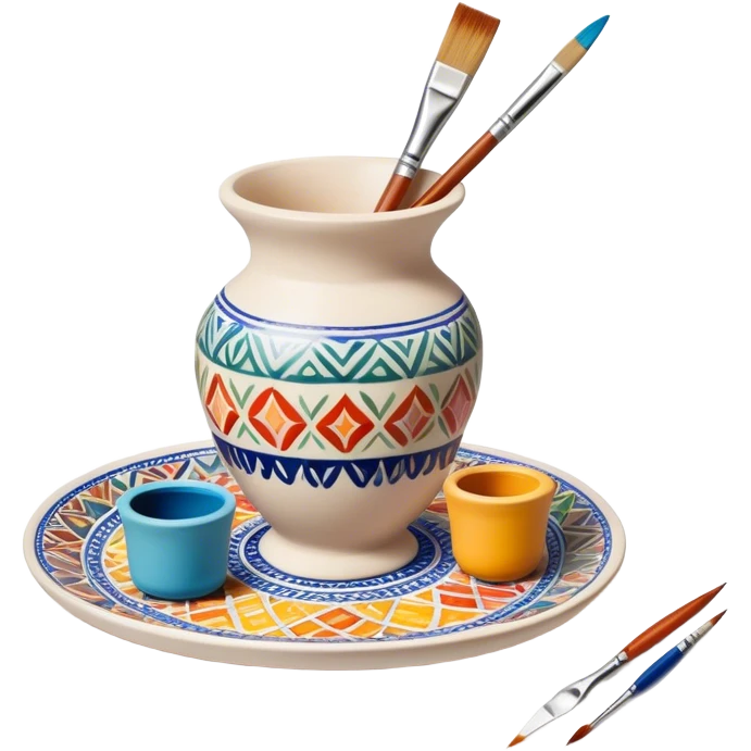 Ceramic painting icon, hand-painted ceramic plate or vase with intricate patterns, visible paintbrush, paint pots, and ceramic tools, colorful glaze, no finished artwork, just the painting process, minimalistic style, clean lines, transparent background. emoji