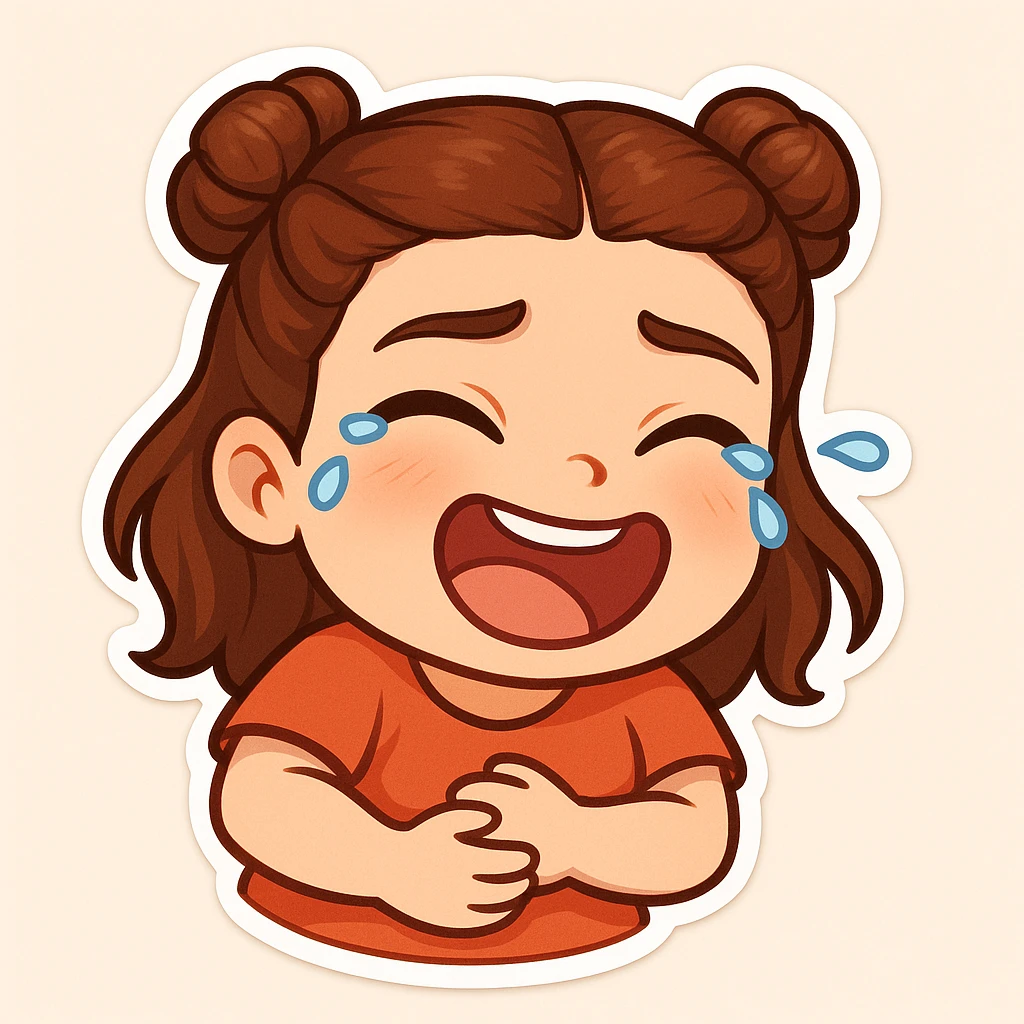 Create a chibi sticker of the girl from the reference image, laughing hard, holding her stomach, tears of laughter, joyful and lively. emoji