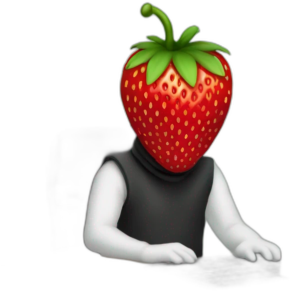 a human with a strawberry head sitting in front of a computer, wearing a balaclava and looking mischievous. emoji