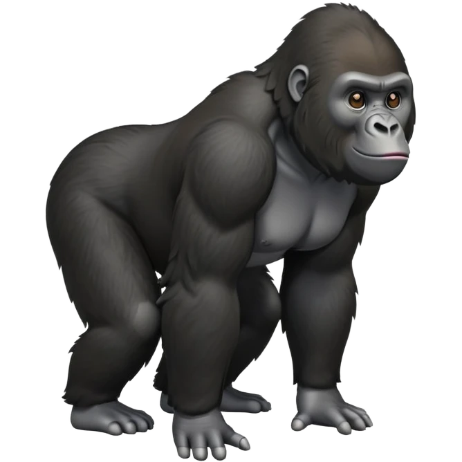 cinematic-friendly relaxed young gorilla-realistic-full-body-crouched on all fours on knuckles-emoji,-poised-with-confidence,-massive-arms-hanging-slightly-forward,-head-tilted-thoughtfully,-thick-black-fur, friendly ,-simplified-yet-realistic emoji