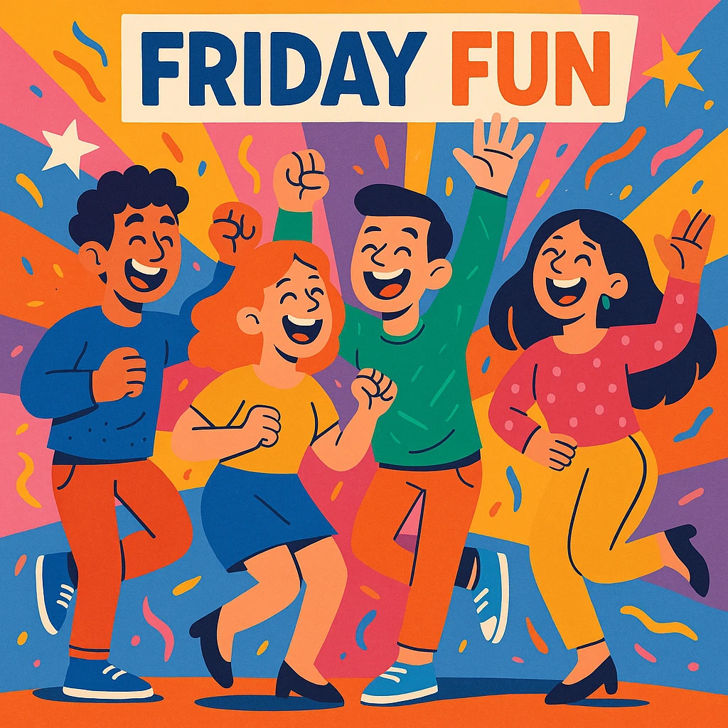 group of friends laughing and dancing representing Friday fun, vibrant colorful illustration emoji