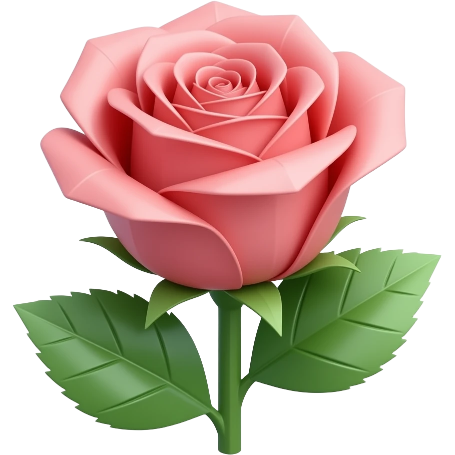 Realistic mirco-detailed, stunning large size Coral pink Origami rose, with a very slight opalescent hue, with two shiny green Origami paper leaves, isolated 2D render, 4k hd professional printing quailty, 600 dpi. 3000x3000 pixels. No emoji icons no emoji faces emoji