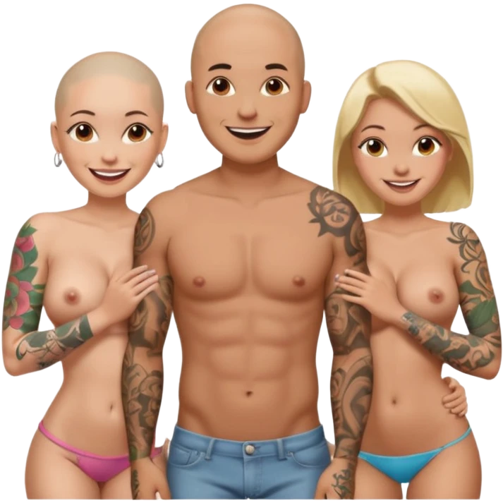 throuple tattooed sleeves bbald male with topless naked big boobed brunette and topless naked big boobed blonde girlfriends  loving  and sexy polygamy naughty  emoji