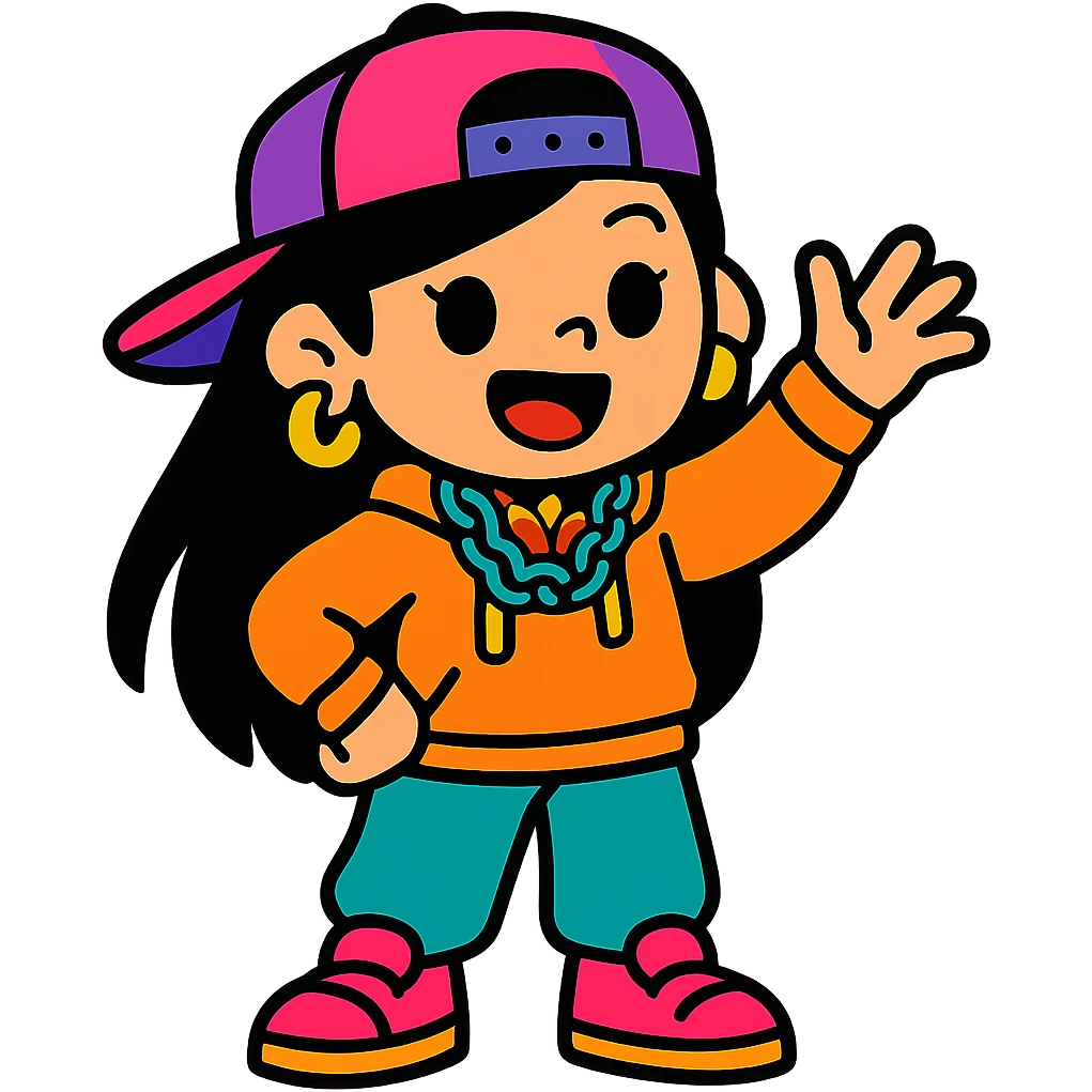 Edit the image to depict a girly girl with long black hair, wearing a trendy streetwear outfit in vibrant toon style, with no background. emoji