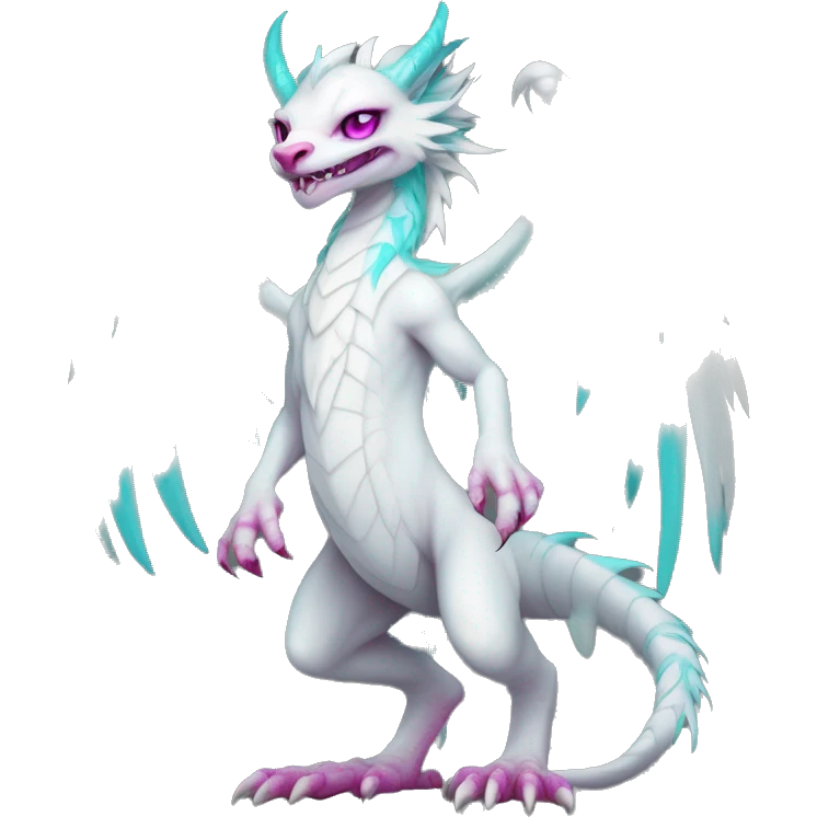 White elegant beautiful natural cute badass epic anthro modern albino Dutch Angel Dragon-vernid-Fakémon with cyan mane and magenta eyes with cyan edgy stripes, anthropomorphic, two-legged, digitigrade, full body emoji