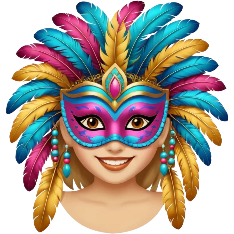 A girl wearing a decorated festival mask with bright feathers, smiling softly beneath it. emoji