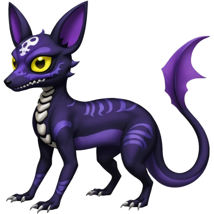 Gothic spooky Scaley Exotic Salandit-Umbreon-Noibat-Fakémon-hybrid-creature (full body), 4 legs, white skull face mask emoji