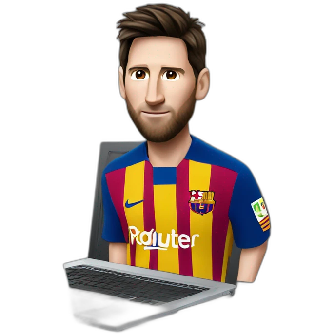 I want you to make a super realistic emoji of Messi with a gray laptop. emoji