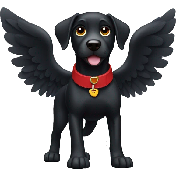 black dog, playful, running, big jowls, sad puppy eyes, wings, winged dog, angel wings,red collar emoji