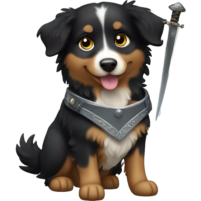 Small black australian shepherd dog with a sword emoji
