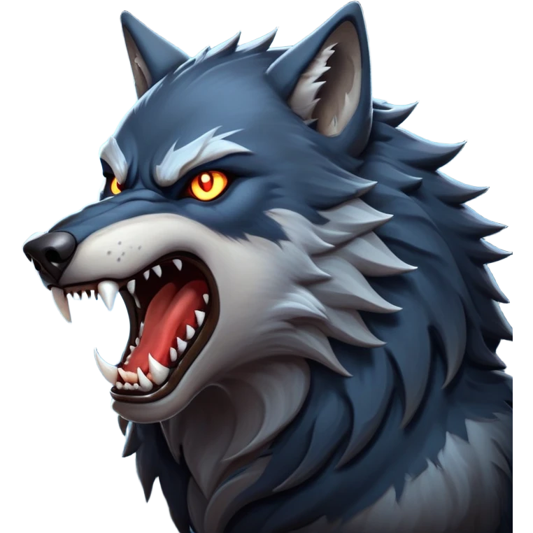 cinematic-noble-fierce-werewolf-howling-portrait-emoji, poised-and-imposing, with a fierce wolfish face tilted upwards in a haunting howl, glowing eyes full of primal ferocity, sharp, elongated fangs bared, and a rugged snout, fur rippling in shades of midnight black and silver, muscles tensed as the powerful howl echoes beneath the moonlit sky; rendered with realism, capturing the raw, untamed power of the beast in its wild, primal state emoji