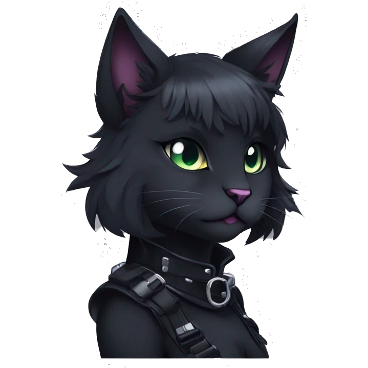 Gorgeous furry gothic dark techwear anime style anthro black cat furry sona Fakemon with blushing face aesthetic and pretty edgy black with collar and harness trending style emoji