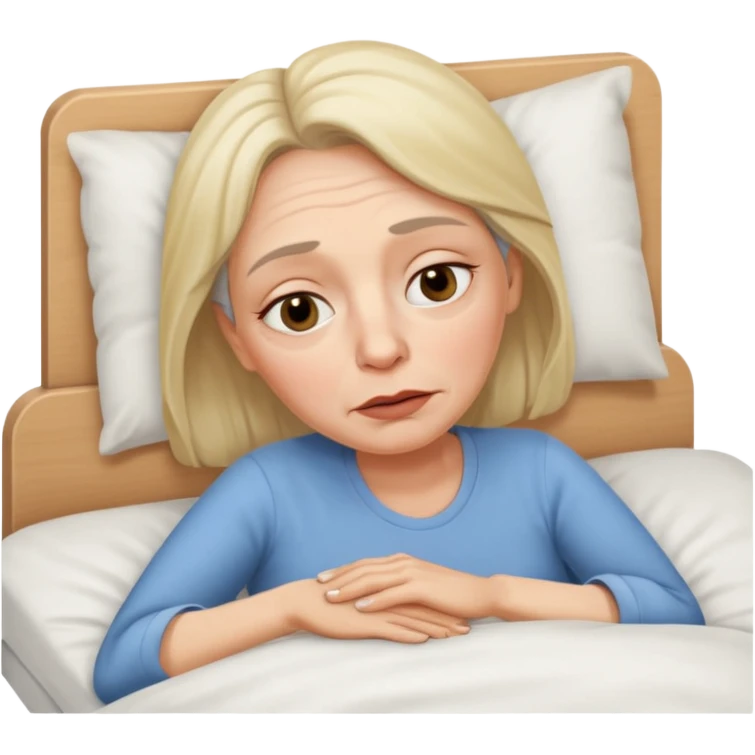 A 55-year-old woman lying in bed. She looks exhausted and desperate, with visible dark circles under her eyes, tired facial expression. emoji