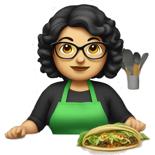 chubby lady with black hair green apron  with glasses cooking tacos emoji