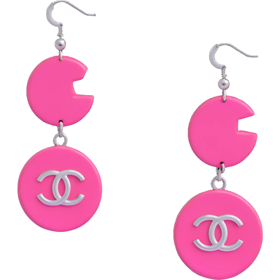 3D emoji-style hoop earrings in glossy pink with dangling silver Chanel logos, luxurious emoji