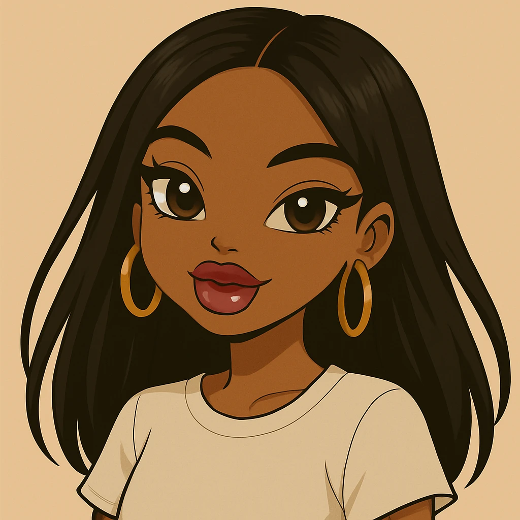 Change her expression to happy, headshot only, 20-year-old anime Bratz style woman with dark skin, straight hair, more casual outfit, big expressive eyes, glossy lips, no hat, no tears, looking straight ahead. The style should reflect anime Bratz aesthetics with vibrant colors and expressive features. emoji