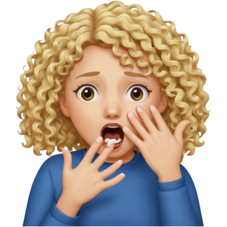 Emoji di ragazza bionda riccia che urla e mette una mano ben aperta in faccia davanti la bocca e gli occhi emoji