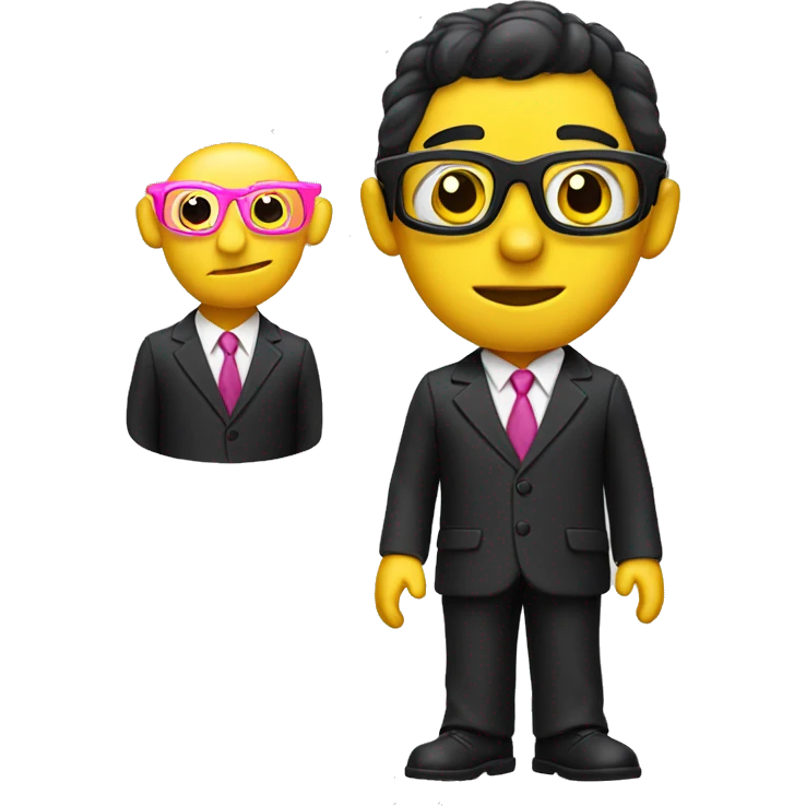 white pinocchio puppet with pink an yellow glasses, a big nose, black hair and a business suit. emoji