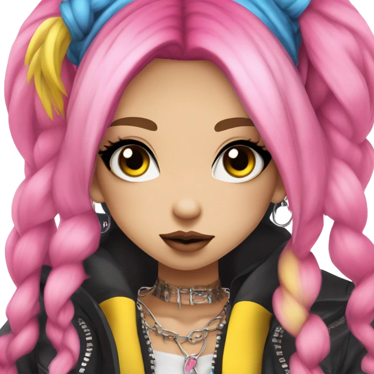 hime gyaru girl, blue eyes, hot pink and yellow split-dyed hair, dark makeup, punk clothes emoji