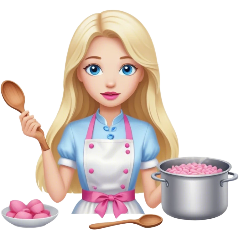 Cinematic realistic beautiful blonde with long hair, blue eyes and pink lips in a white dress cooks emoji