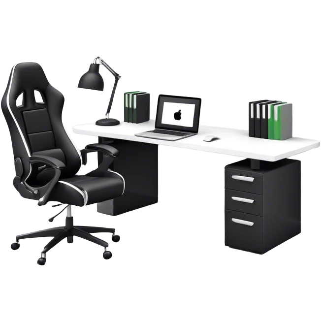 Create a basic 3D room. In it: A black and white home office workstation with a wide monitor and a laptop. Black gaming chair and without wall shelves emoji