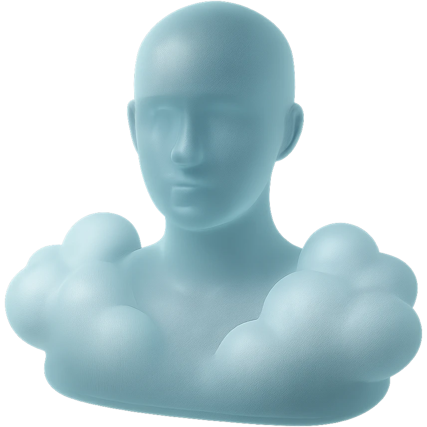 person looking straight ahead, shoulders filled with puffy white clouds, matte glass style emoji